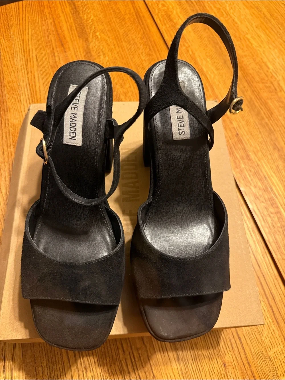 Steve Madden Black Suede Platform Block Heel Sandals with‎ Ankle Strap